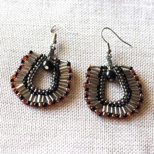 Beaded Hoop Earrings in Black, Silver, and Orange